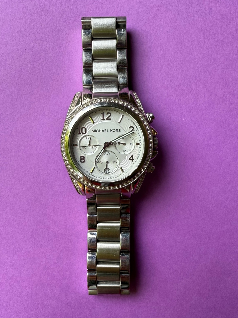 Michael Kors Silver and White Crystal-Accent Chronograph Watch